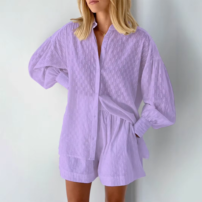 Conjunto de 2 piezas para mujer: camisa con mangas abullonadas y pantalones cortos