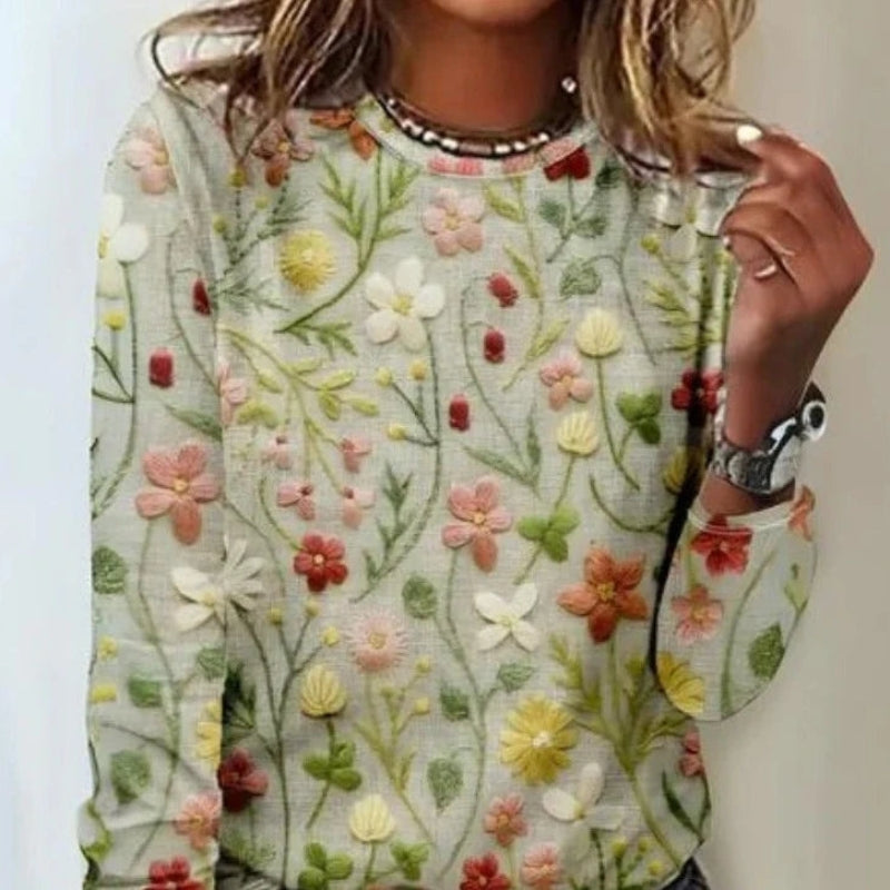 Alice – Long Sleeve Sweater with Round Neck and Floral Embroidered Design