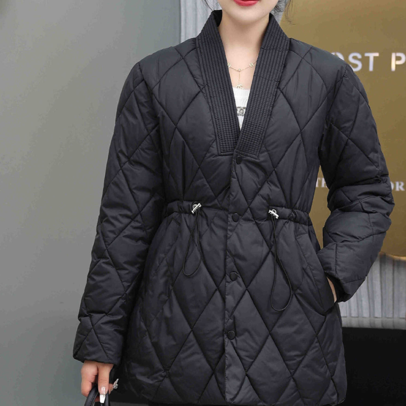 Inyaran – Long Sleeve Quilted Jacket with V Neck | Button Closure with Drawstring Waist | Side Pockets for Everyday Wear | Sizes S–3XL | White, Black, Khaki
