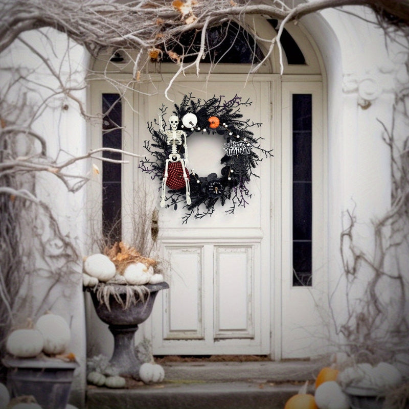 Halloween Wreath with Skeleton and Pumpkin Decor