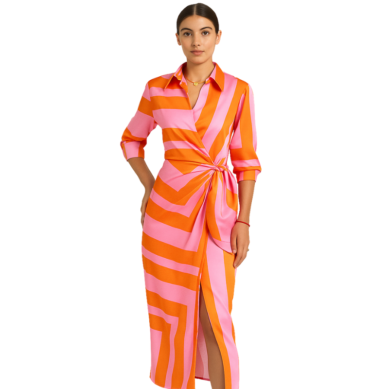 Clara – Rochie midi imprimată cu guler cămașă și mâneci scurte