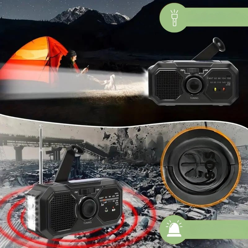 RescueBeam – Compact emergency radio with fold-out antenna and flat solar panel