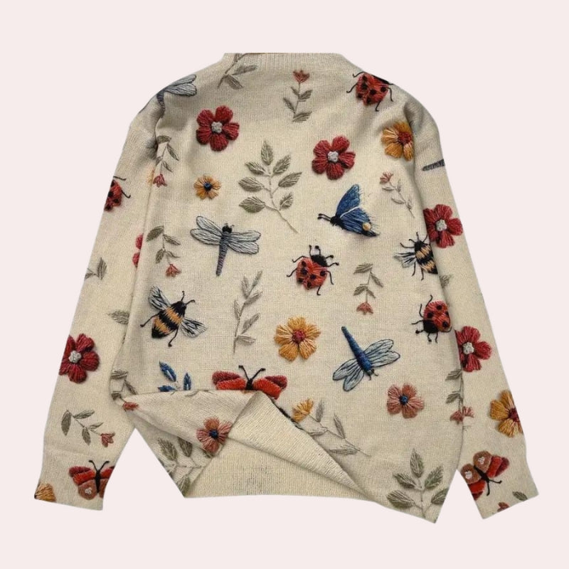 Liva - Pulover cu mâneci lungi, gât rotund și broderie florală