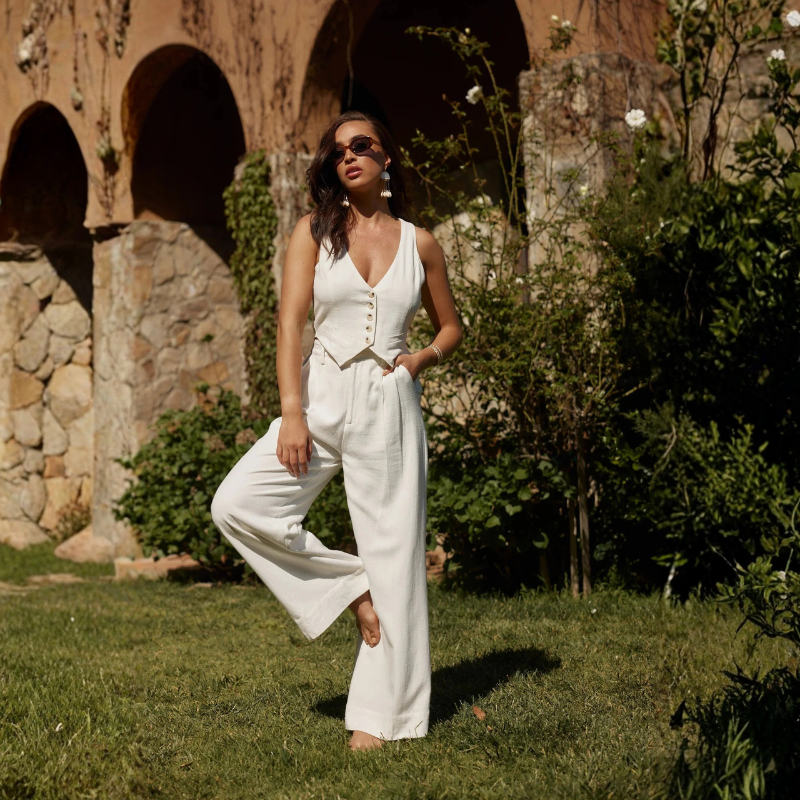 Women's V Neck Crop Top and Wide Leg Co Ord Set