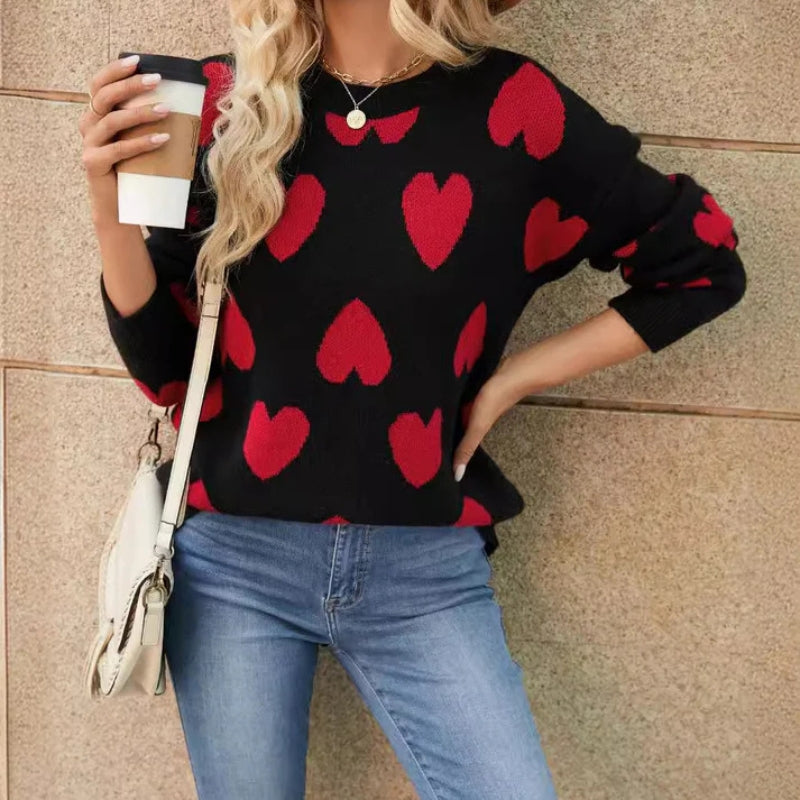 Taliah – Pulover cu mâneci lungi și model cu inimioare, guler rotund