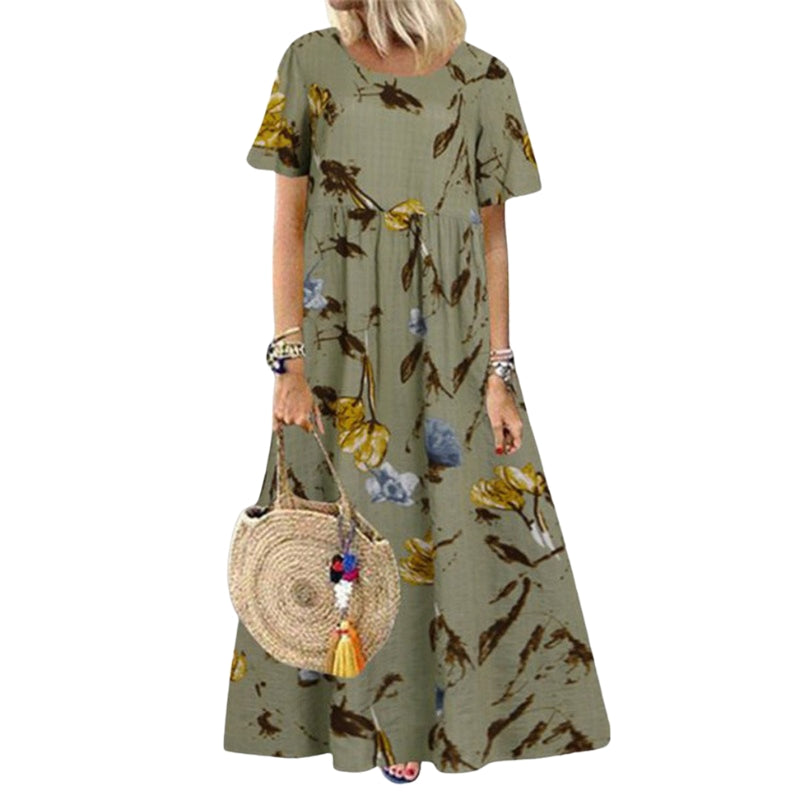Daisy - Rochie maxi în formă de A cu imprimeu floral, guler rotund și buzunare