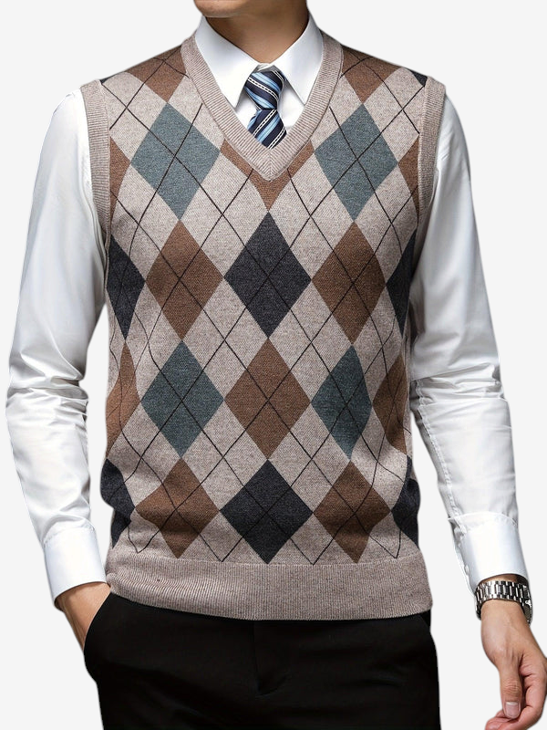 ArgyleVest – Sleeveless V-Neck Knit Pullover with Geometric Argyle Pattern