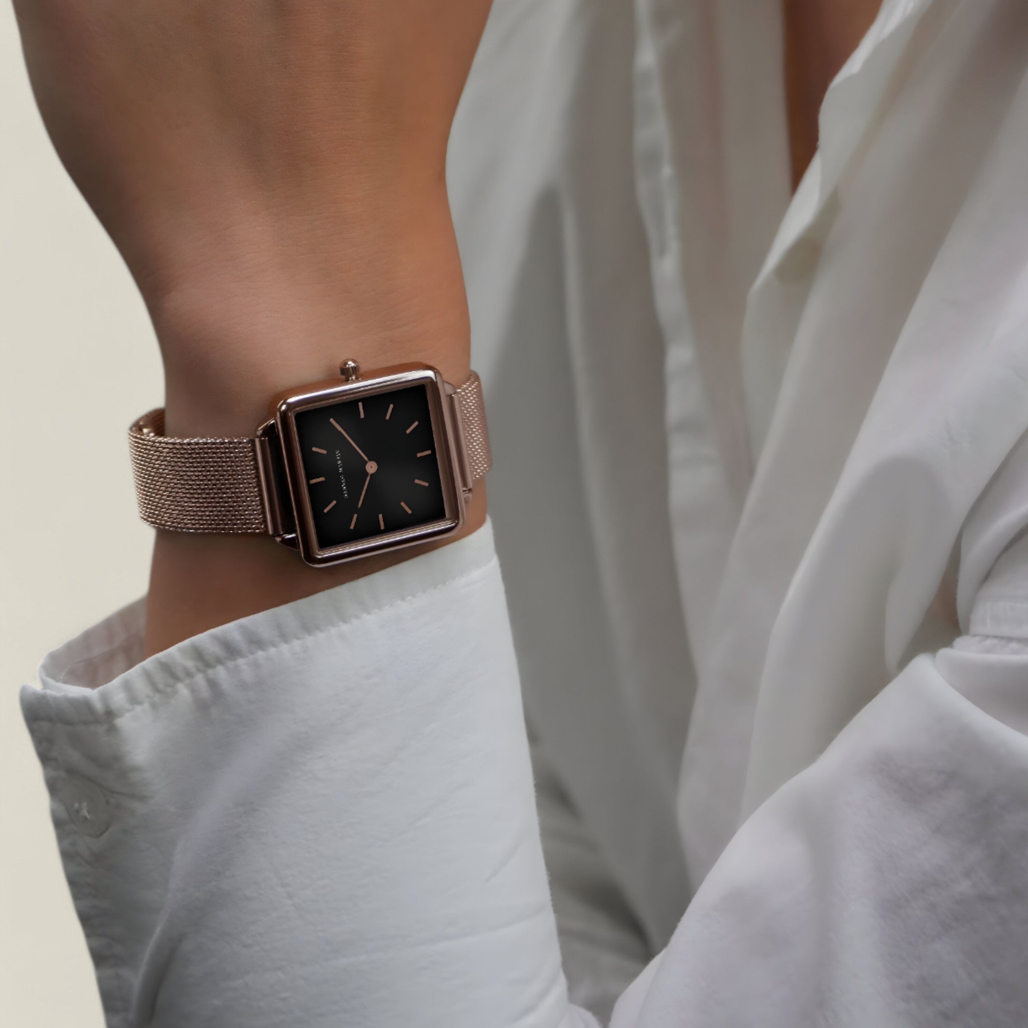 Nora - Timeless Rose Gold Square Watch with Black Dial and Mesh Strap