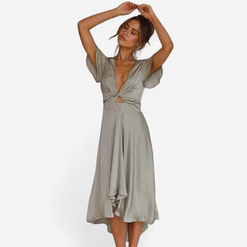 Naomi - Dress with Short Sleeves, V-Neck, and Waistband