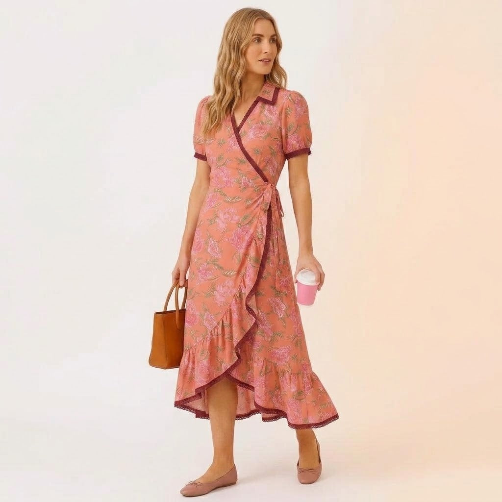 Sofia – Vestido maxi de manga curta com cinto na cintura