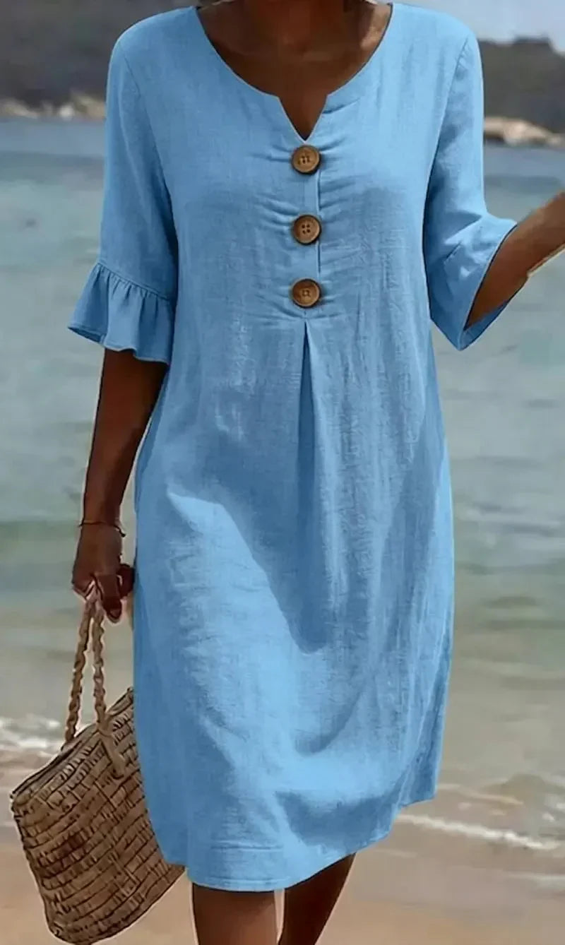 Casual Women's Linen Dress with Buttons