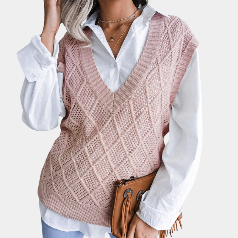 Brinley - Mouwloze Trui met V Hals en Geribbelde Details