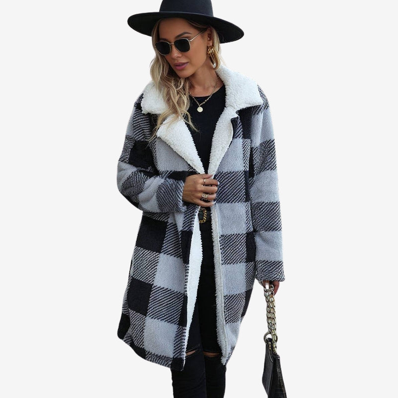 Jasmine – Long Sleeve Mid-Length Coat with Plaid Design