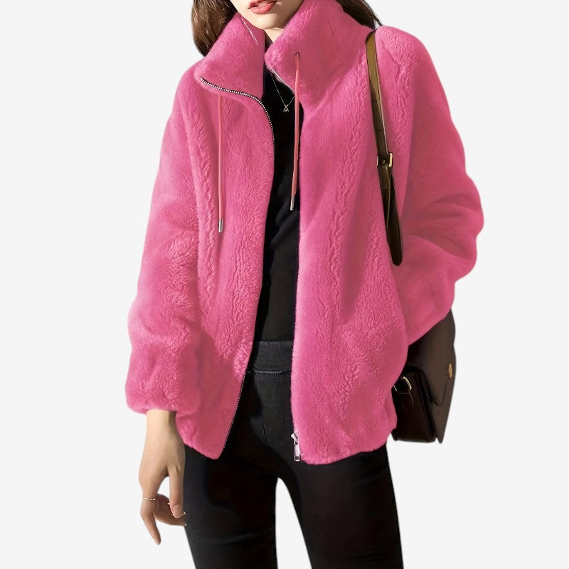 Giacca in pile da donna con collo alto e zip frontale