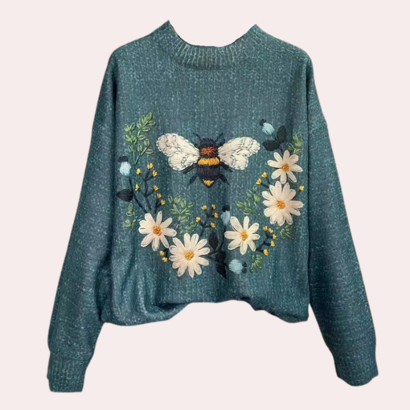 Liva - Pulover cu mâneci lungi, gât rotund și broderie florală
