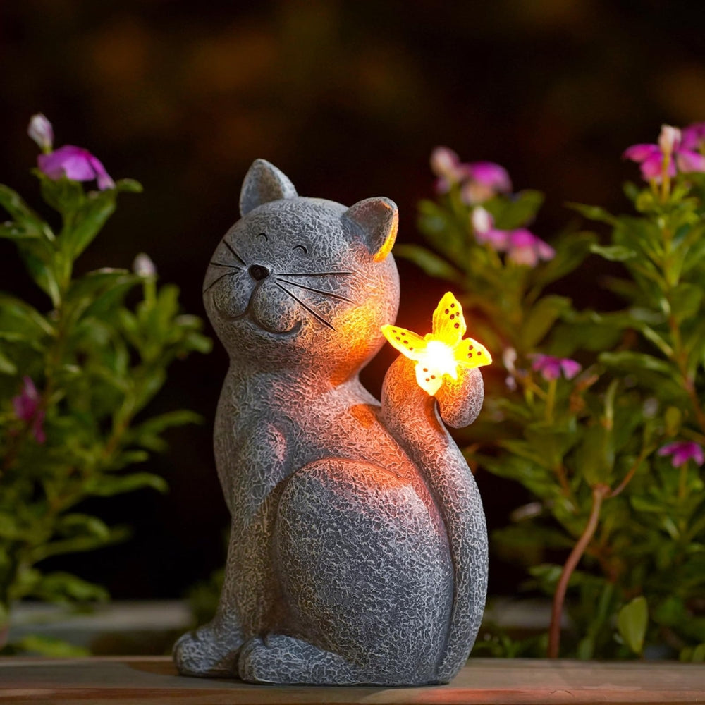 CatyLume - Figurină solară de pisică cu fluture și corp rotund de felinar pentru decor de grădină