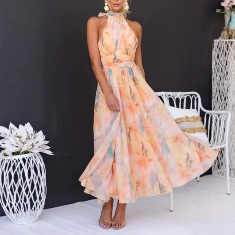 Nova – Rochie maxi imprimată cu guler halter și design cu spate decupat