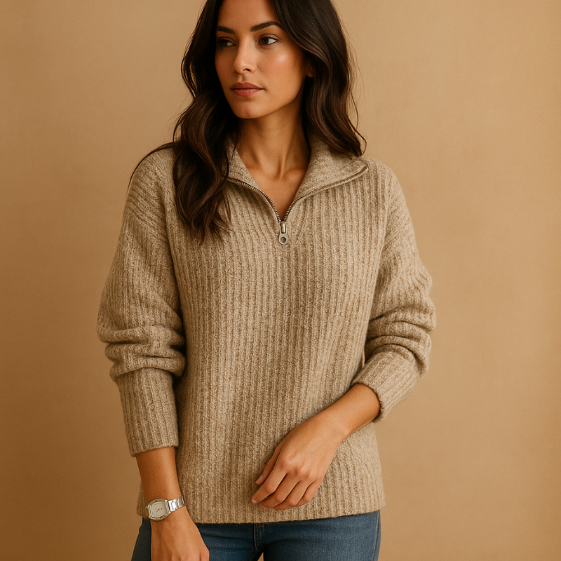 Zyvenna – Pulover cu mâneci lungi și închidere cu fermoar pe jumătate | Design în dungi pentru detaliu vizual | Purtare casual zilnică | Mărimi XS–XL | Kaki, Gri, Gri deschis, Albastru, Negru