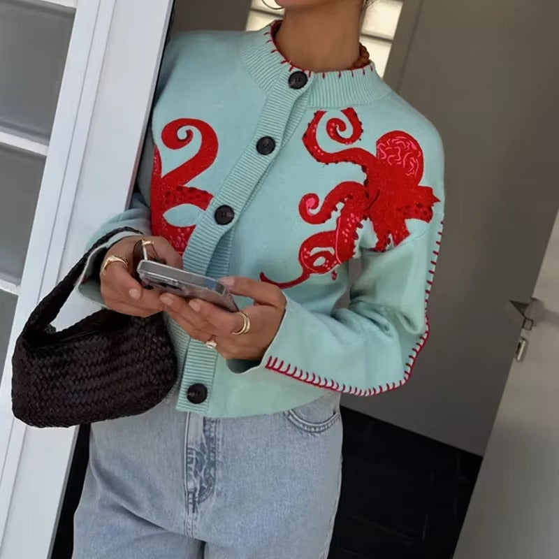 Lina - Long Sleeve Round Neck Cardigan with Button Closure
