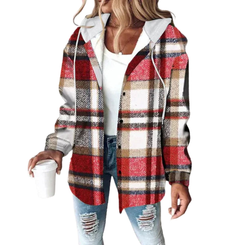 Amelia - Hooded Jacket with Button Closure and Check Pattern