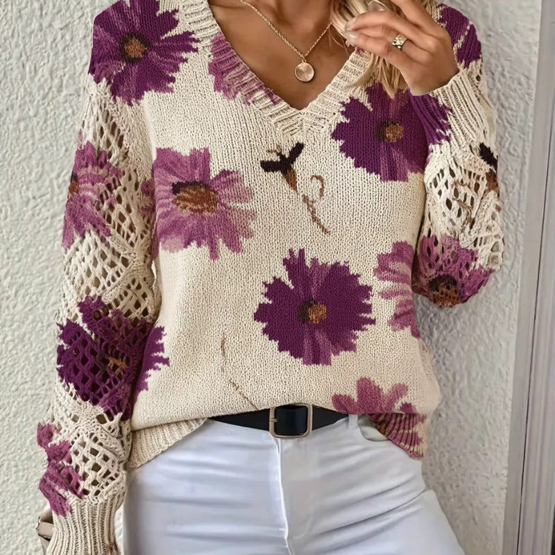 Ava - Long sleeve printed sweater with V neck