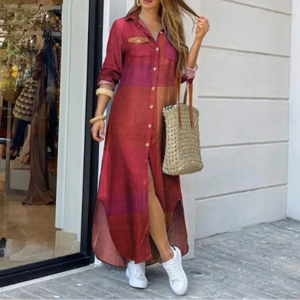 Maria – Robe chemise longue et stylée à manches longues avec fermeture boutonnée devant