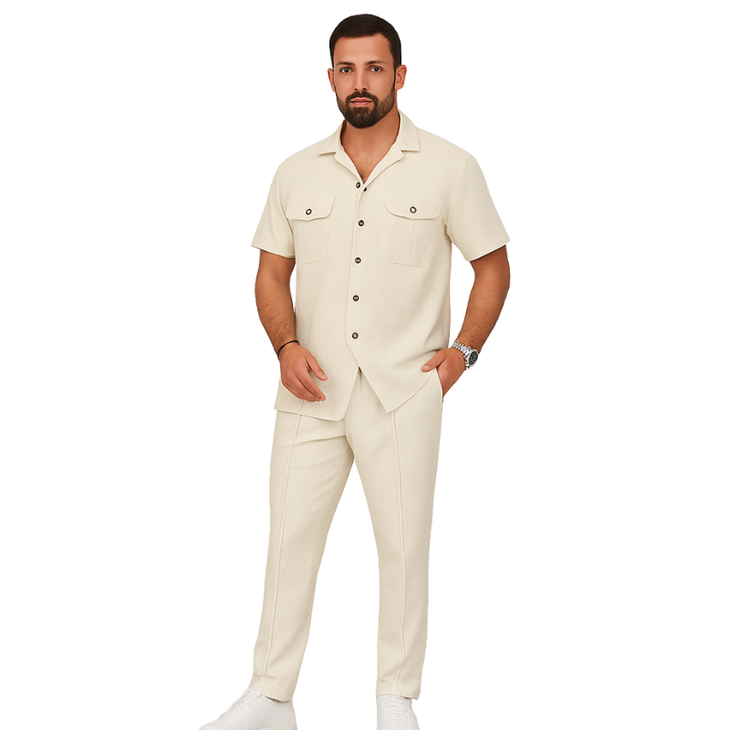 Harold – Short Sleeve Shirt 2-Piece Set with Pockets and Long Pants
