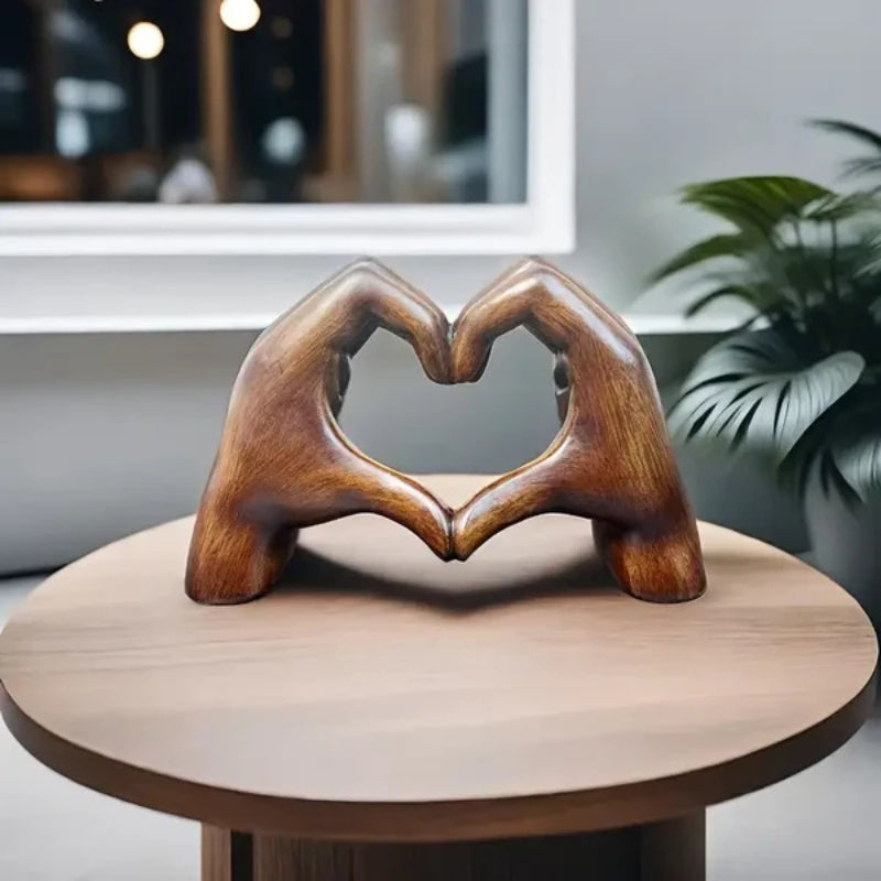 HeartGlow – Resin Heart Gesture Sculpture with Wood Grain Finish