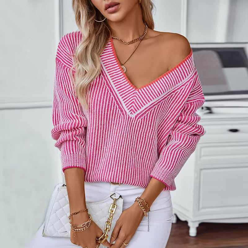 Rosie – Sweter w paski z długim rękawem i dekoltem w serek