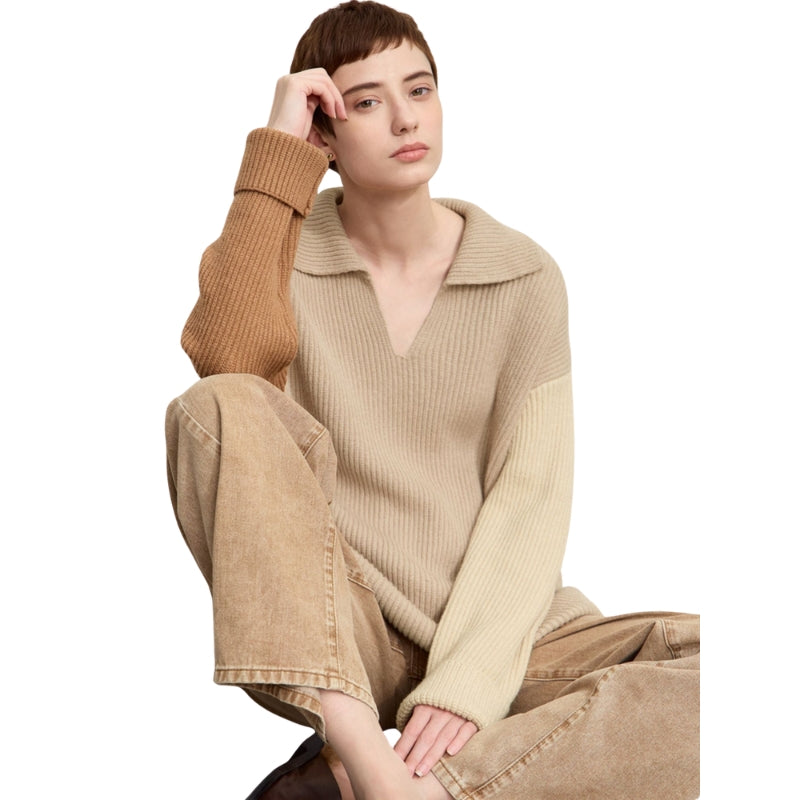 Sophia – Svetr s výstřihem do V, barevný blok, volný střih a snížená ramena