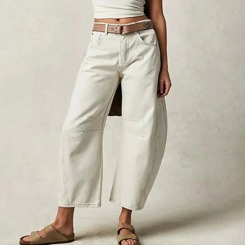 Pantaloni in denim a gamba larga alla caviglia con chiusura a zip