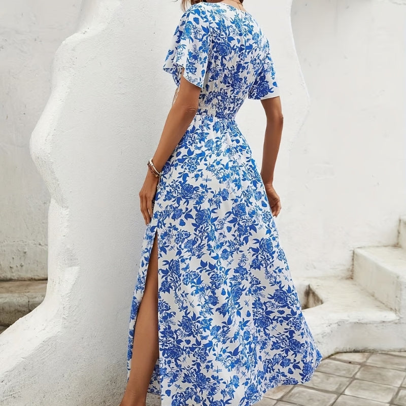 Robe longue femme à col en V avec motif imprimé
