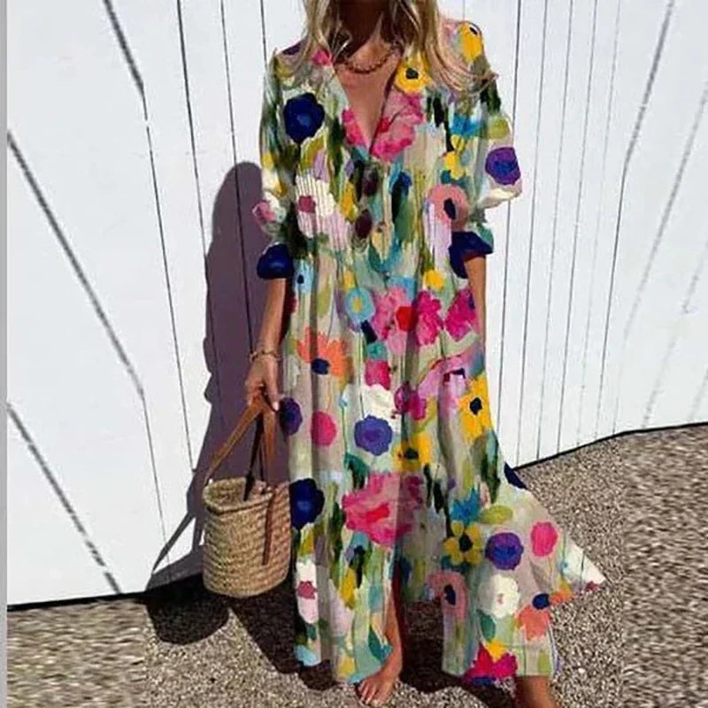 Robe ample à manches longues à fleurs pour femme