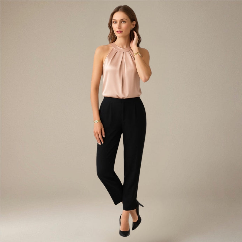Blouse sans manches plissée drapée pour femme avec col rond