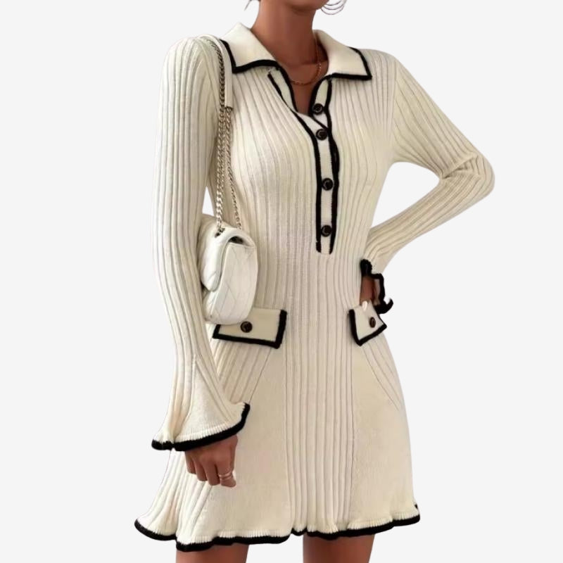Amara – Long Sleeve Collar Dress with Buttons and Pockets | Classic Button Front with Practical Storage | Timeless Everyday Style | Sizes S–2XL | White