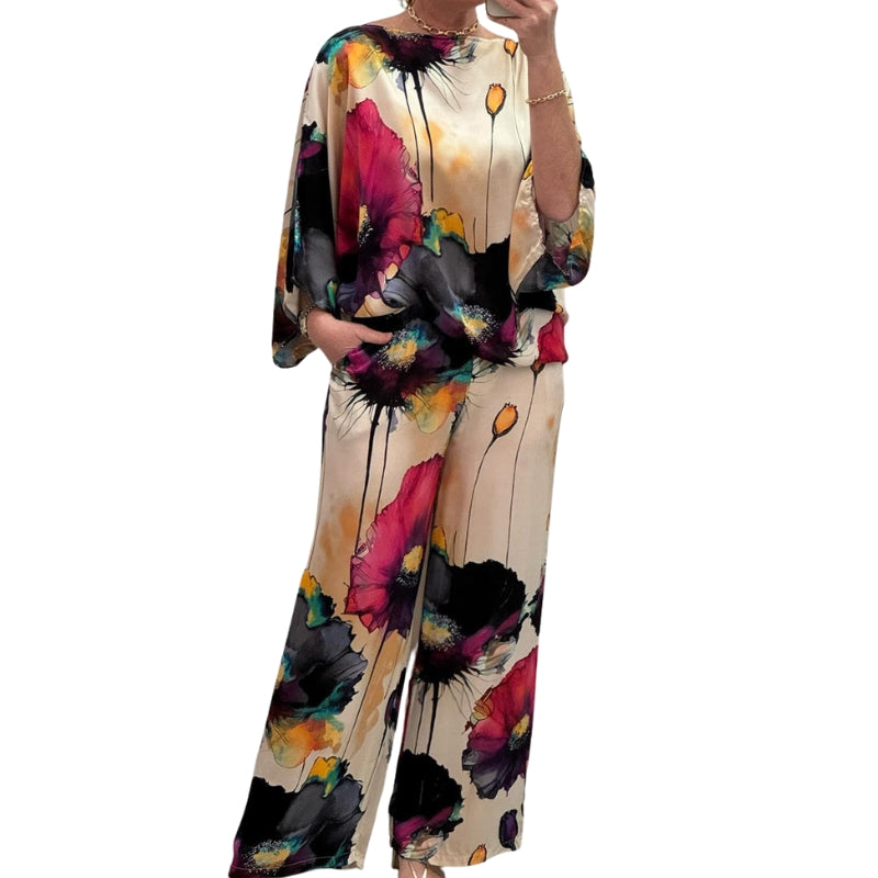 Alina – Casual Two-Piece Satin Set with Round Neck and Floral Print