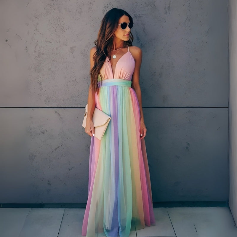 Kiera - Rochie maxi fără mâneci cu imprimeu curcubeu și decolteu în V