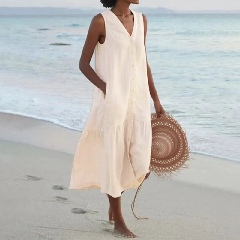 Robe mini sans manches à col en V avec boutons sur le devant et poches pour femme