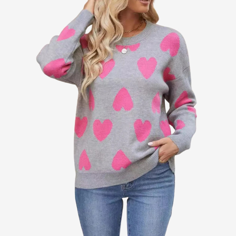 Taliah – Pulover cu mâneci lungi și model cu inimioare, guler rotund