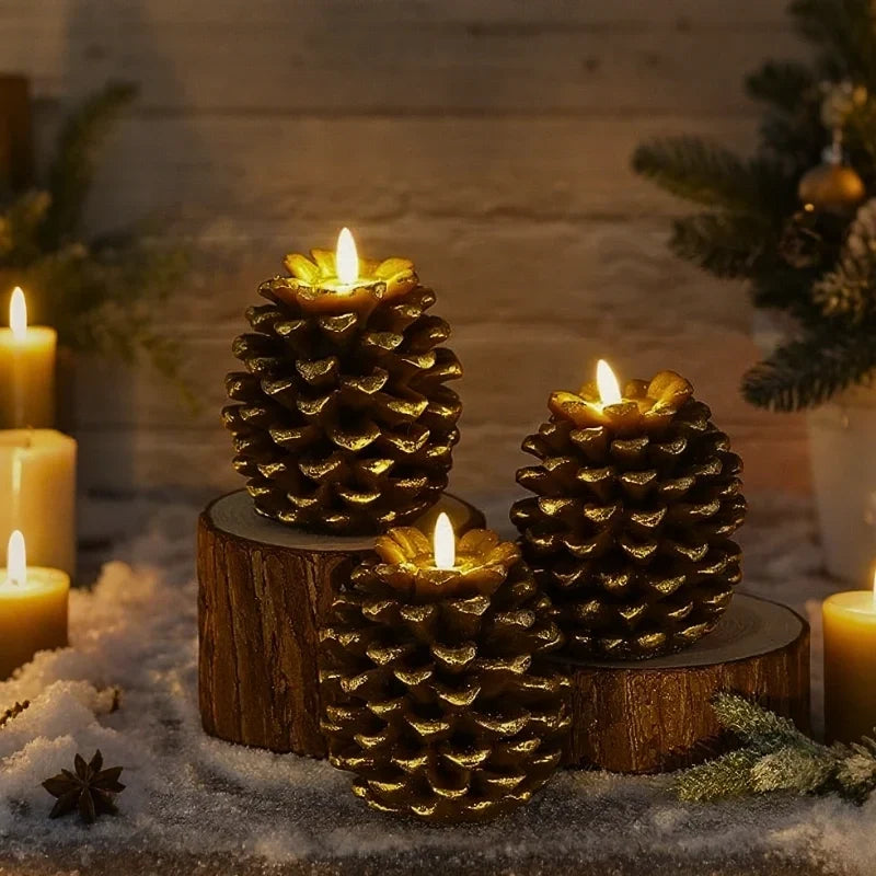 PineGlow - Lumânări decorative fără flacără, în formă de conuri de pin, cu efect de flacără LED