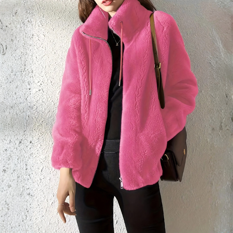 Giacca in pile da donna con collo alto e zip frontale