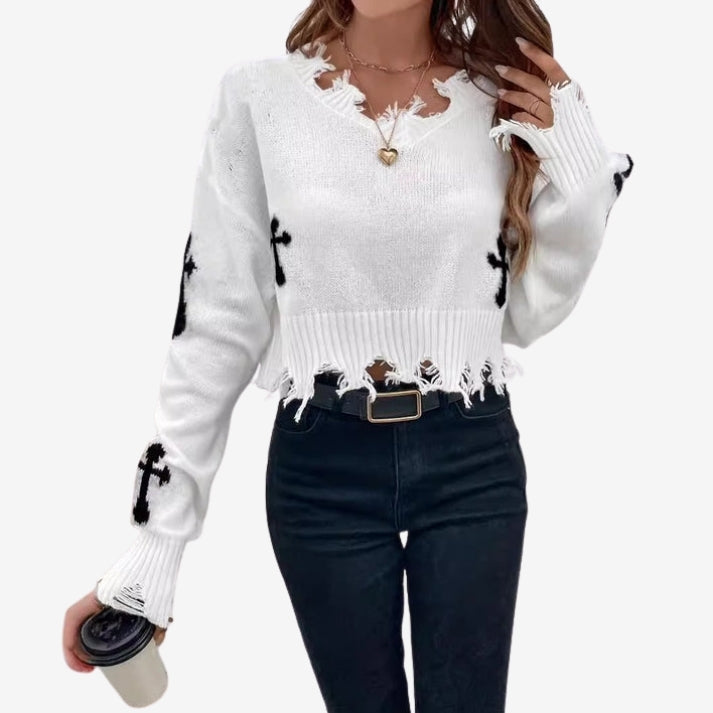 Melora – Long Sleeve Printed Sweater with Tassel Design