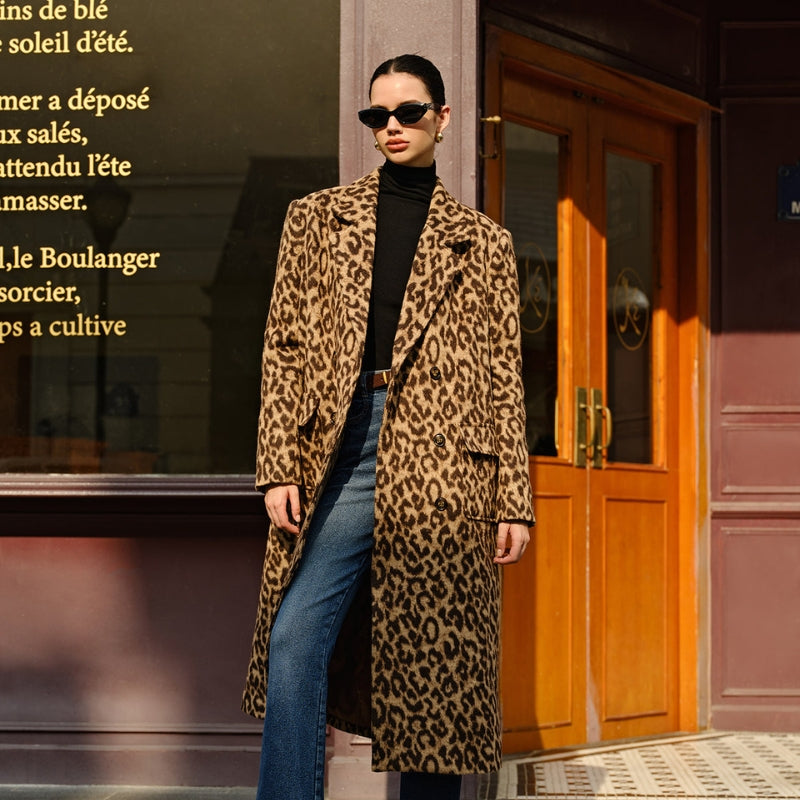 Bethany – Trench con stampa leopardata, maniche lunghe e tasche