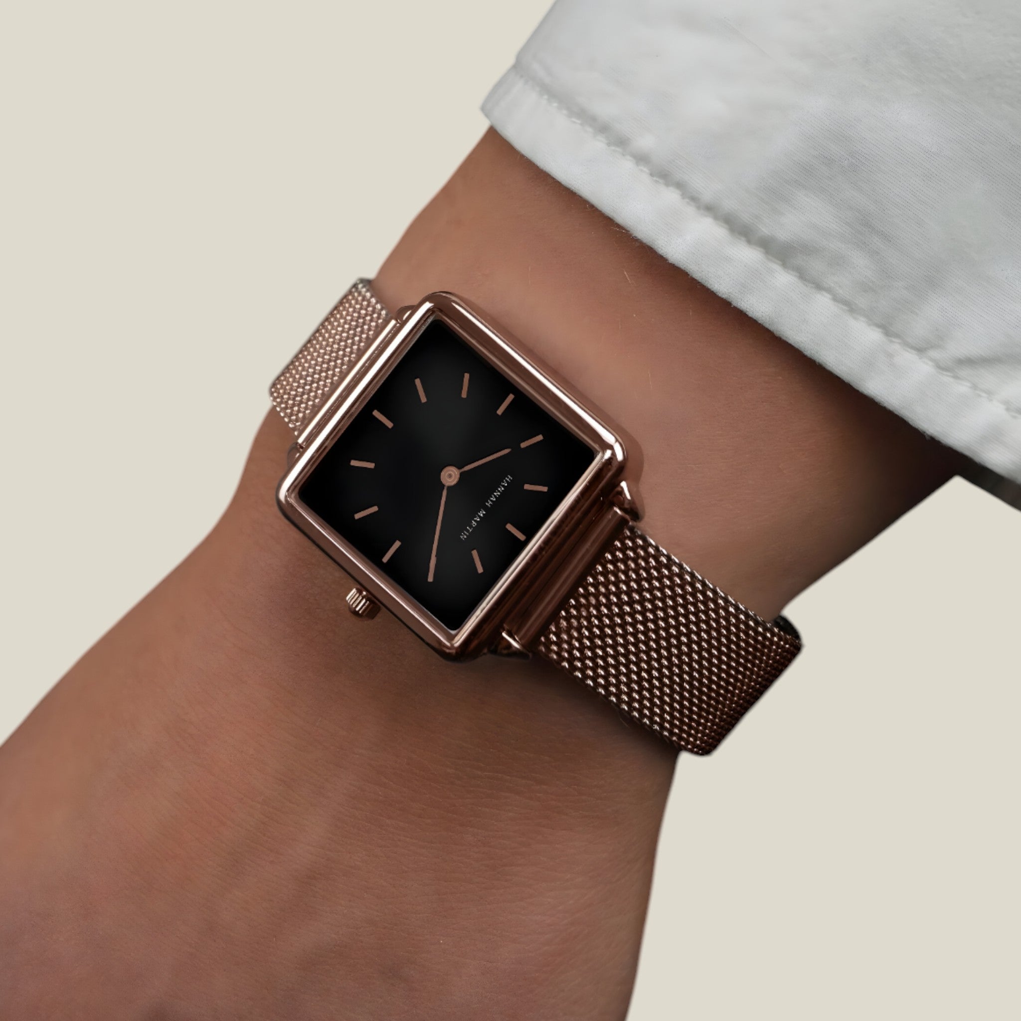 Nora - Timeless Rose Gold Square Watch with Black Dial and Mesh Strap