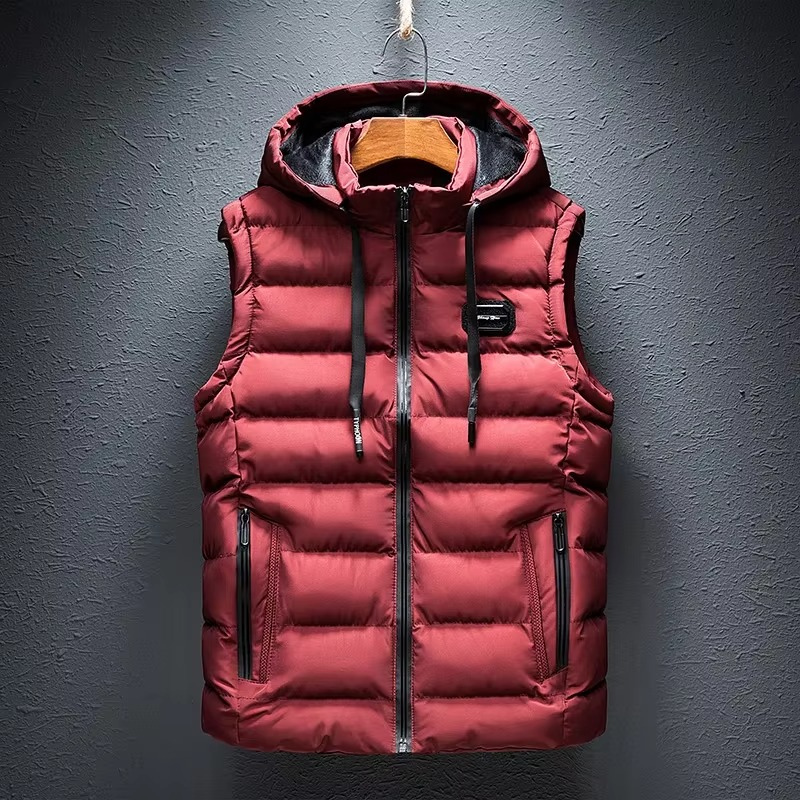 Gilet imbottito senza maniche da uomo con cappuccio e zip frontale