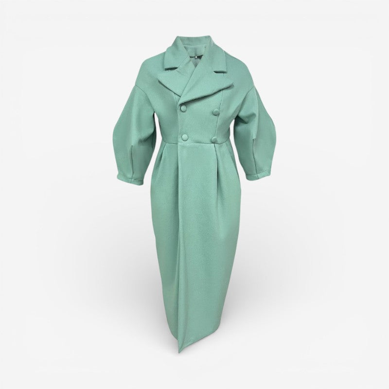 Elena - Long Sleeve Long Coat with Lapel Collar