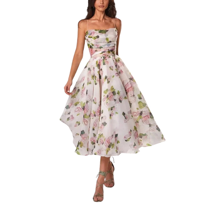Luna - Rochie midi fără mâneci cu imprimeu floral și bretele spaghetti