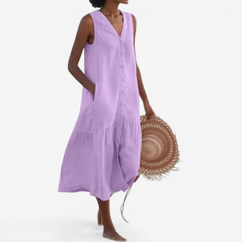 Robe mini sans manches à col en V avec boutons sur le devant et poches pour femme