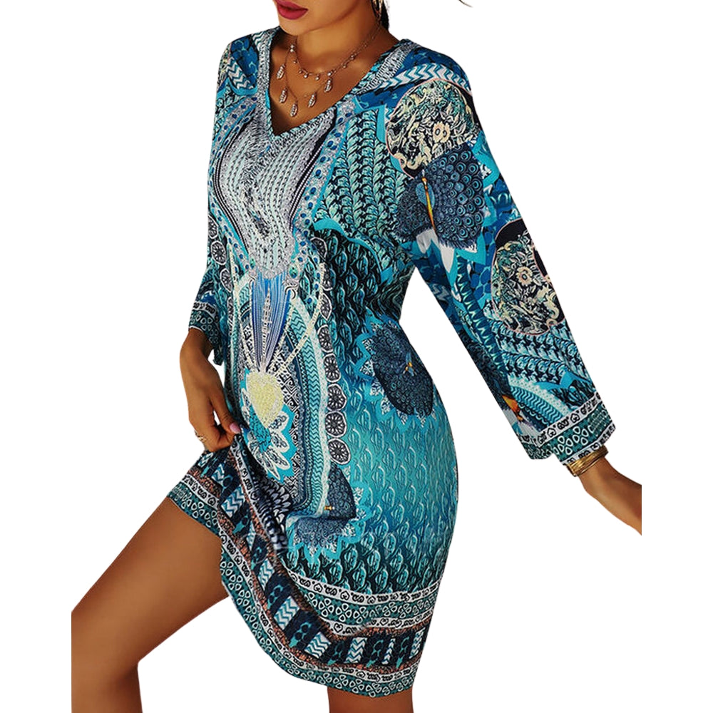 Liana - Mini-robe bohème élégante à col en V et manches longues