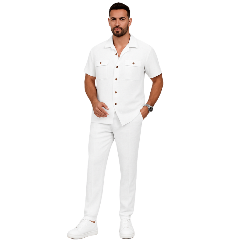 Harold – Short Sleeve Shirt 2-Piece Set with Pockets and Long Pants
